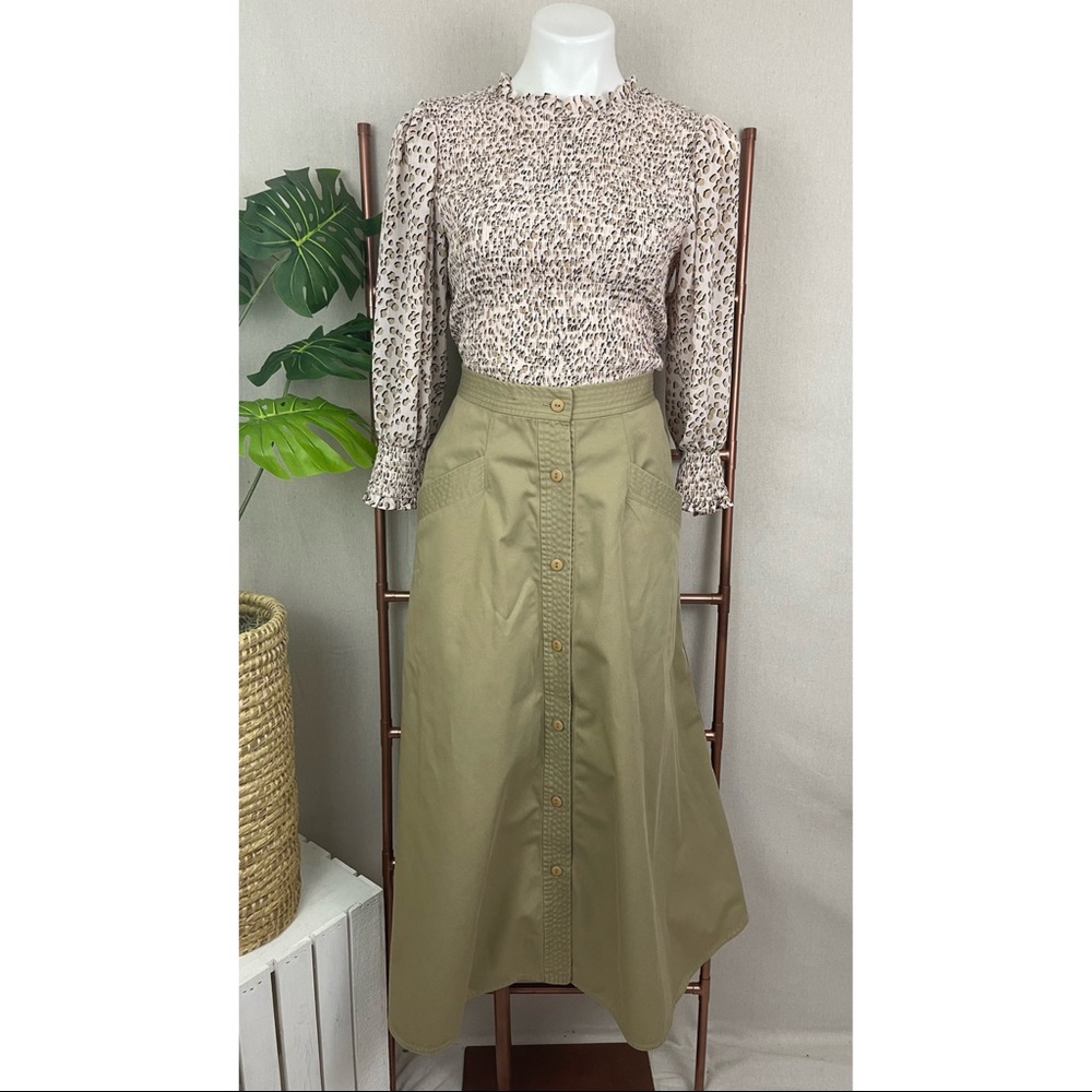 Vintage Rafaella Khaki Button-Down A-Line Midi Skirt (Sz 12)